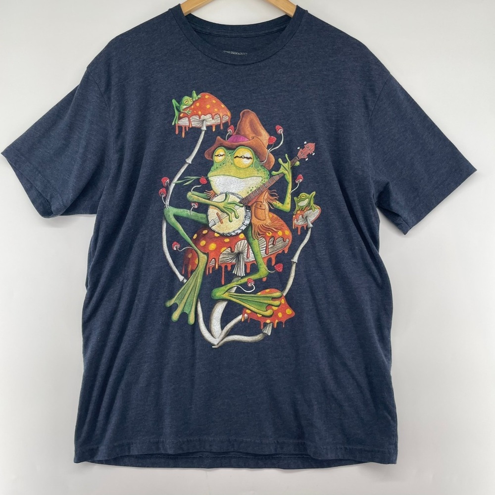 Curbside Clothing Frog Graphic T-Shirt Sz‎ XL Banjo Mushroom Hillbilly Navy Blue
